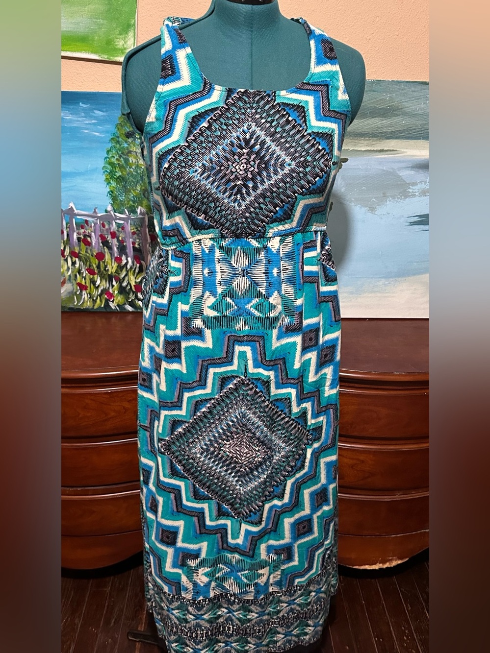 Angie Boho Rayon Yellow & Teal Tribal Print Summer Maxi Dress Size Large